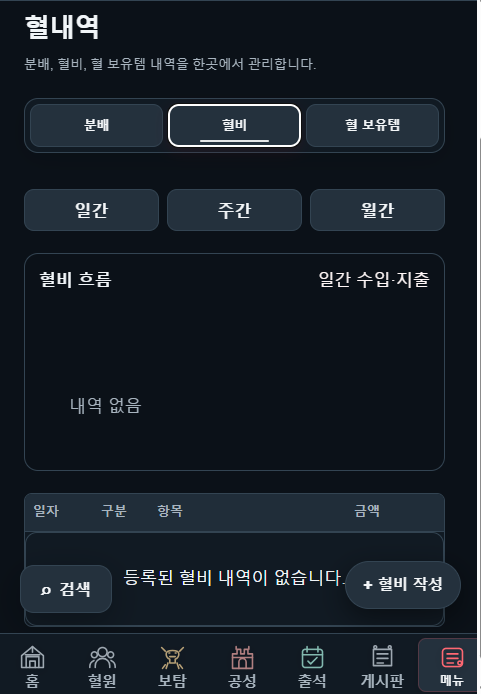 혈비와 분배 관리 화면